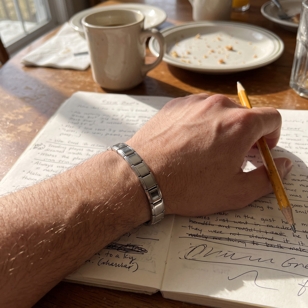 Little Links stainless steel bracelet in an everyday styling scene 1