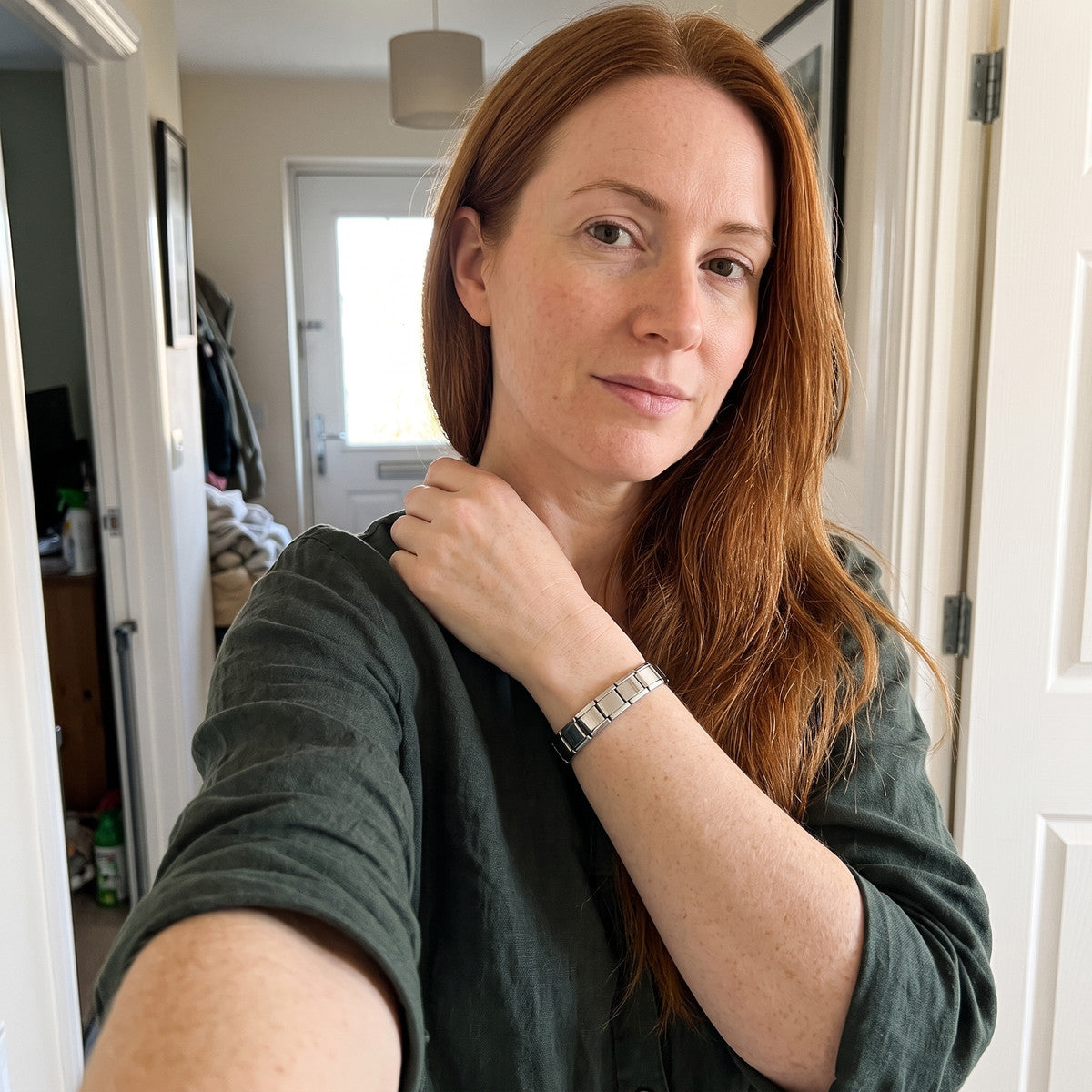 Little Links stainless steel bracelet in an everyday styling scene 4