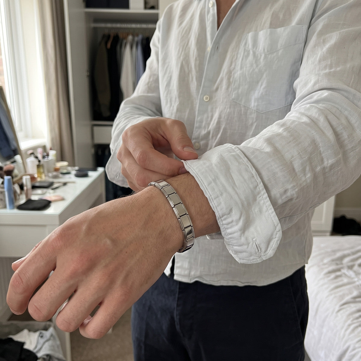 Little Links stainless steel bracelet in an everyday styling scene 5