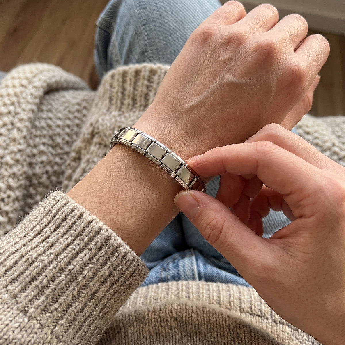 Little Links stainless steel bracelet in an everyday styling scene 6