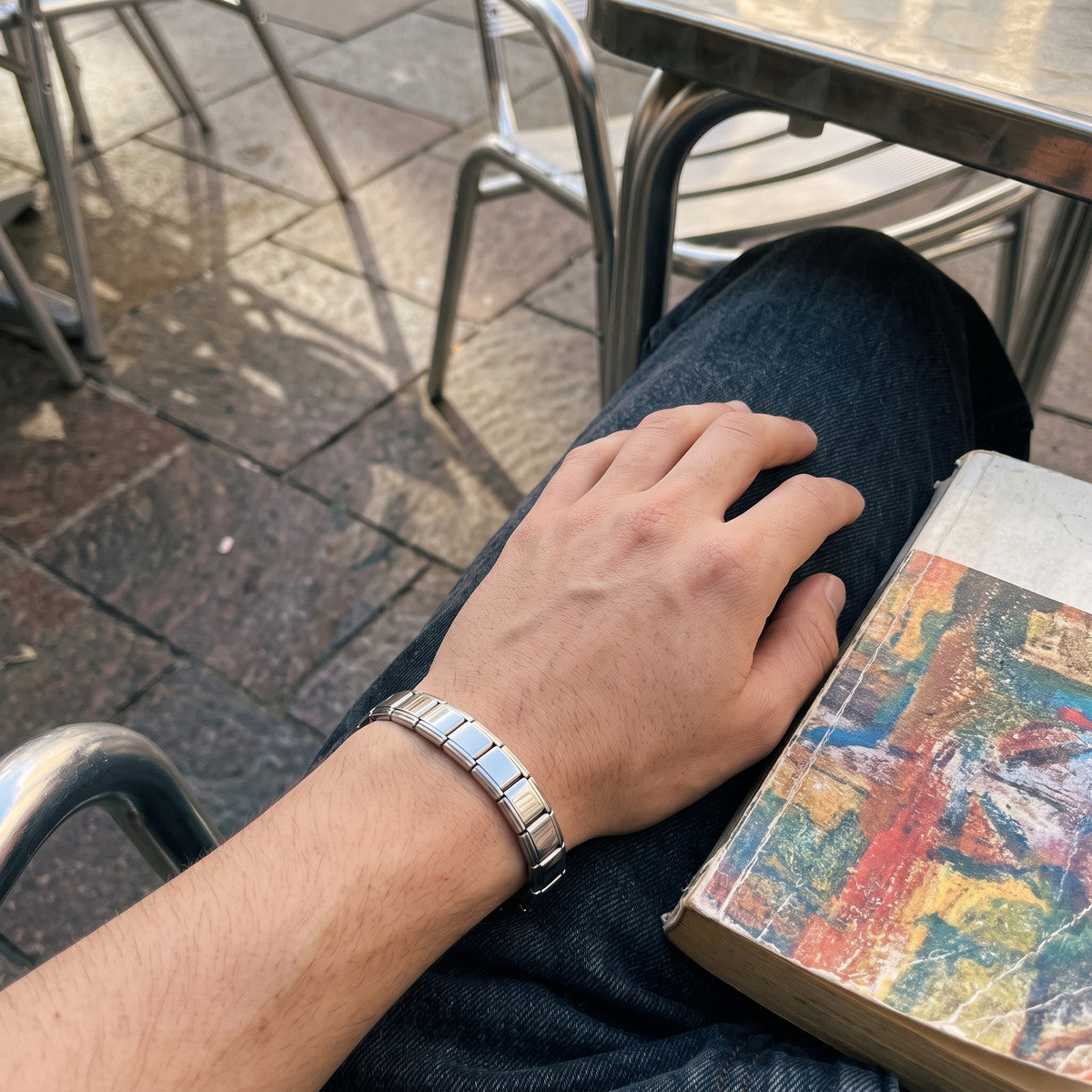 Little Links stainless steel bracelet in an everyday styling scene 9