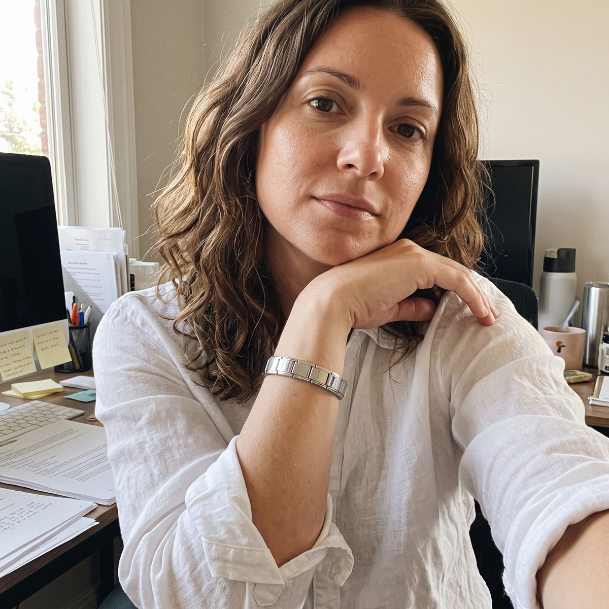 Maya taking a desk selfie showing her bracelet